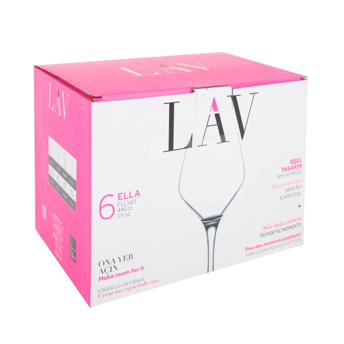 Lav Set 6 Copas Vino/Agua 450 cc Colección Ella Dimensiones 9 cm ancho x 22 cm alto x 7 cm largo (4 Cajas)
