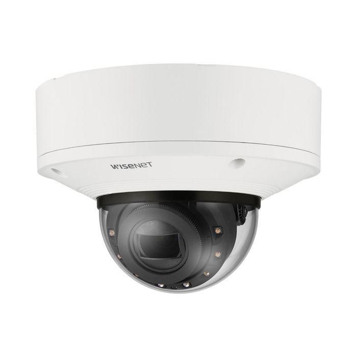 Hanwha Cámara IP minidomo 4K AI 4.4-9.3mm antivandálico IR50 WDR H.265 IK10+ IP66 IP67 IP6K9K NEMA 4X 12V/PoE+ Wisenet X Plus 1
