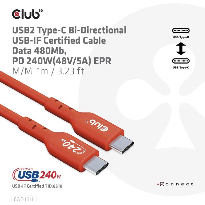 Club3D Kabel USB 2 Typ C PD 240W / 480Mb 1m St/St 8 Club3D Kabel USB 2 Typ C PD 240W / 480Mb 1m St/St 8