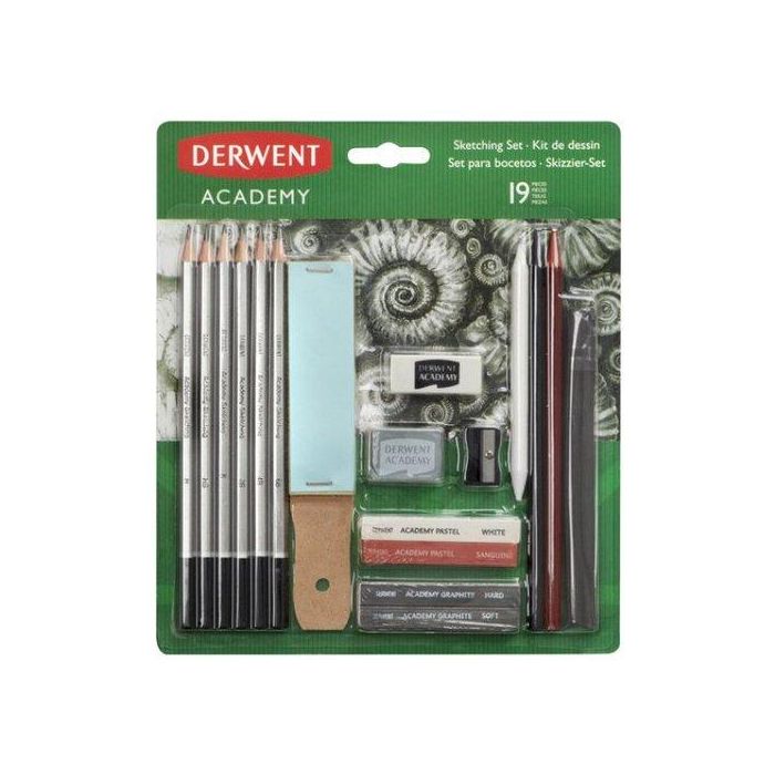 Lapices Derwent Academy Kit De Bocetos 19 Piezas 6 Lapices De Grafito 2 Barras De Grafito 2 Lapices De Dibujo + 1 Goma + 1 Goma Amasable 2 Pasteles + 2 Carboncillo 1 Papel Lija + Sacapuntas + Difumino