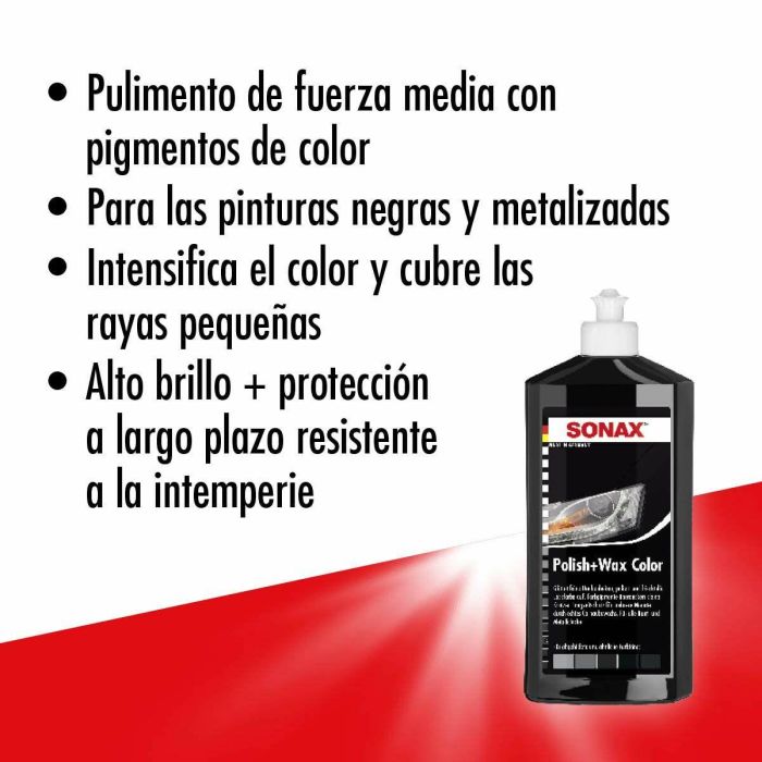 Sonax SX02961000 Abrillantador + Cera Negra 500 mL para Pintura Negra, limpia, restaura brillo intenso y camufla arañazos. 1 Sonax SX02961000 Abrillantador + Cera Negra 500 mL para Pintura Negra, limpia, restaura brillo intenso y camufla arañazos. 1