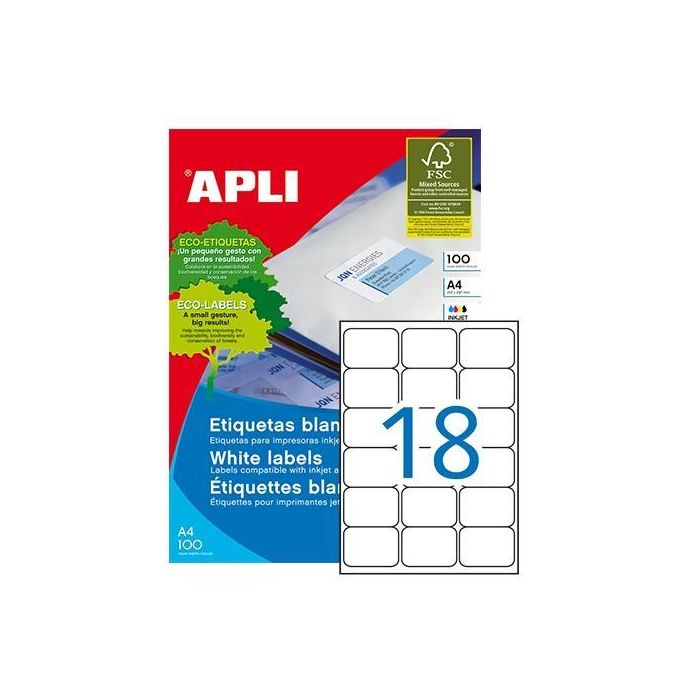 Apli Etiquetas Adhesivas 63,5x46,6 mm Inkjet-Láser C-Romos 18 X 100H Blanco Apli Etiquetas Adhesivas 63,5x46,6 mm Inkjet-Láser C-Romos 18 X 100H Blanco