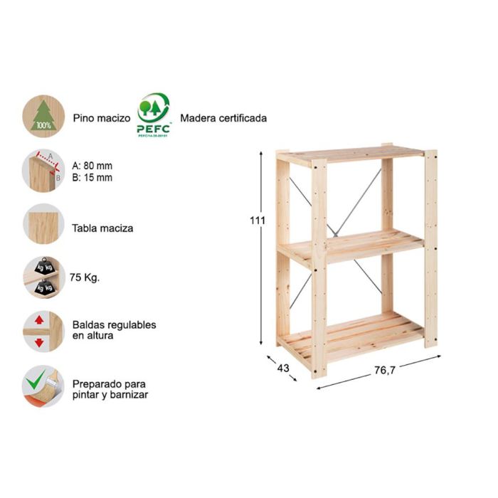 Astigarraga Estantería alistonada Evolution 3 en pino macizo 111 x 76,7 x 43 cm