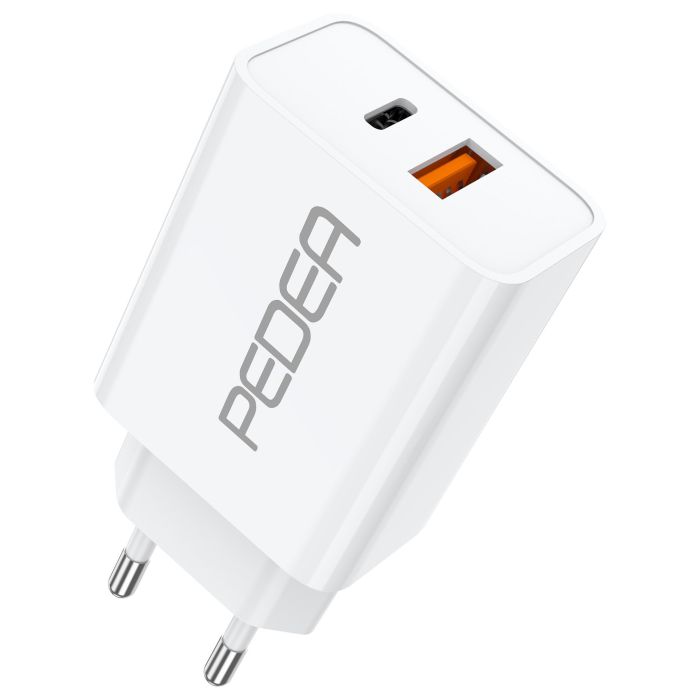 PEDEA 60040100 Cargador USB-C 20W PD Carga Rápida con 2 Puertos (USB-C y USB-A) 100-240V - Blanco PEDEA 60040100 Cargador USB-C 20W PD Carga Rápida con 2 Puertos (USB-C y USB-A) 100-240V - Blanco