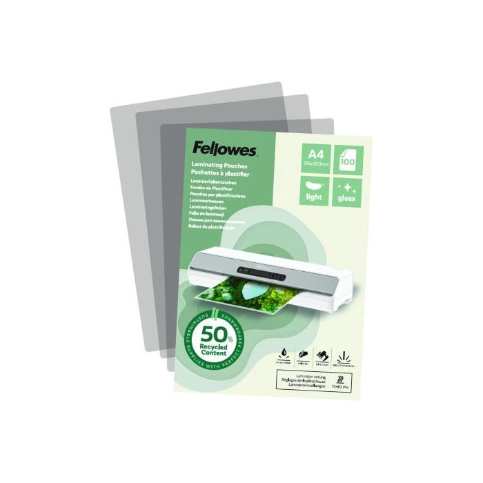Fellowes 100142987 PACK 100 Fundas de Plastificar Recicladas Brillo A4