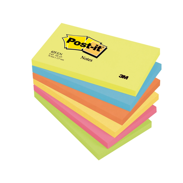 Post-It 655 Notas Adhesivas 76x127 mm Energetic Amarillo, Azul, Naranja Neón, Fucsia, Verde Neón - Pack 6 1