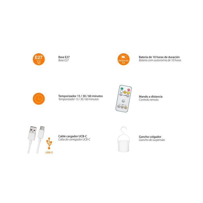 Bombilla led, recargable usb, e27, 6 W, 3cct, dimmable, 500 lm 3