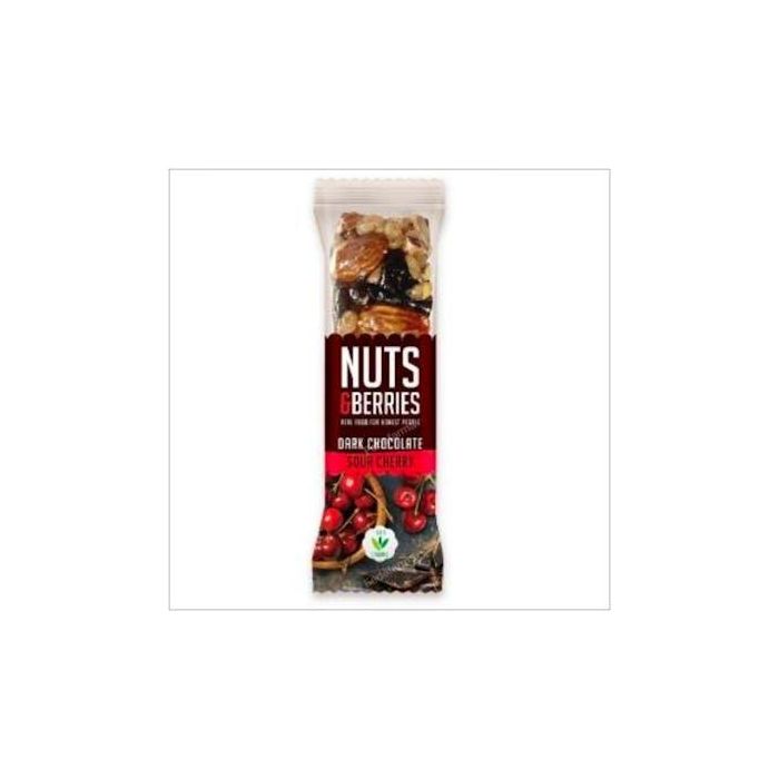 NUTS & BERRIES Barrita Chocolate Negro-Cereza Bio Vegan 15 Uds. Fuente de fibra, frutos secos y semillas