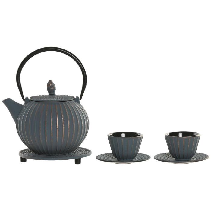 DKD Home Decor Tetera Oriental de Hierro Colado y Acero Inoxidable Turquesa 850ml, Set de 3, Apto para Lavavajillas y Gas