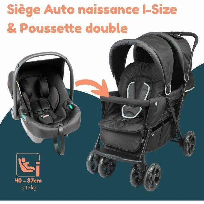 Cochecito doble gemelo - BAMBISOL - Cochecito doble combinado + Silla de coche I-size - 4 ruedas - Negro 4