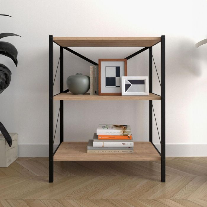 Librería Alexandra House Living Negro Roble Metal Madera MDP 66 x 85 x 34 cm industrial 3 Estantes 2