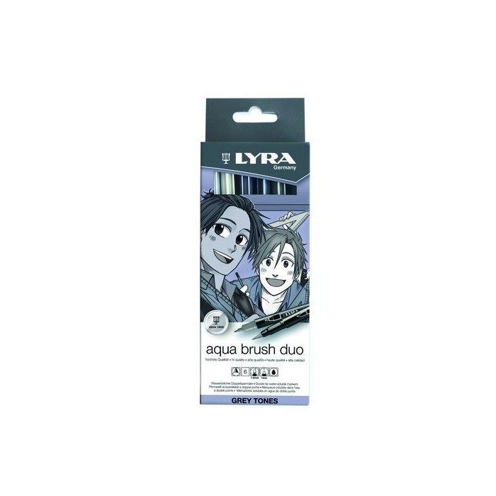 Lyra Rotuladores Aqua Brush Duo Acuarelables Doble Punta Fina y Pincel Tonos Grises Blíster de 6 Unidades Surtidas
