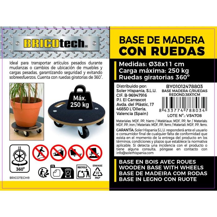 Bricotech Base Redonda Madera con Ruedas 38 x 11 cm 8