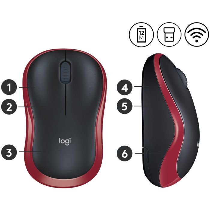 Logitech M185 Ratón Inalámbrico RF Plug-and-Play Rojo con Nano Receptor USB, Ergonómico, Fiable, Batería 1 Año 9