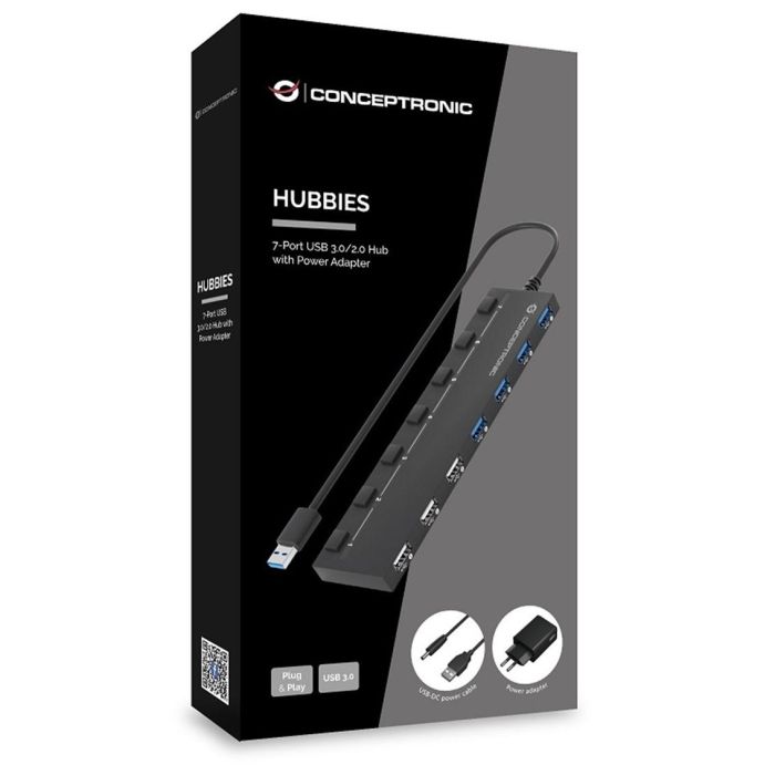 Conceptronic Hubbies09 Hub USB 3.0 / 2.0 de 7 Puertos con Fuente de Alimentación, 5 Gbps, Negro 1
