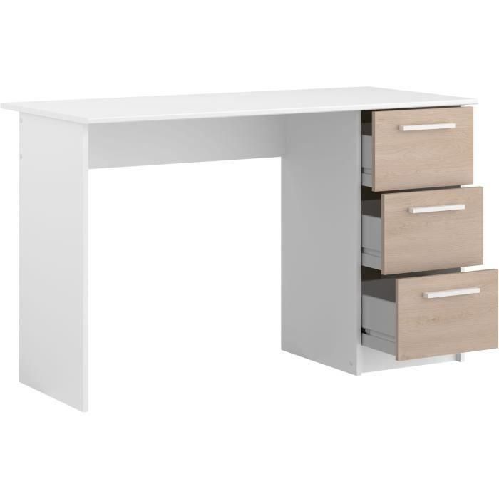 Office Essential Parisot 3 Cajones - Decoración Chene y Blanca - L 121.2 x D 55 x H 74.5 cm - Hecho en Francia 3