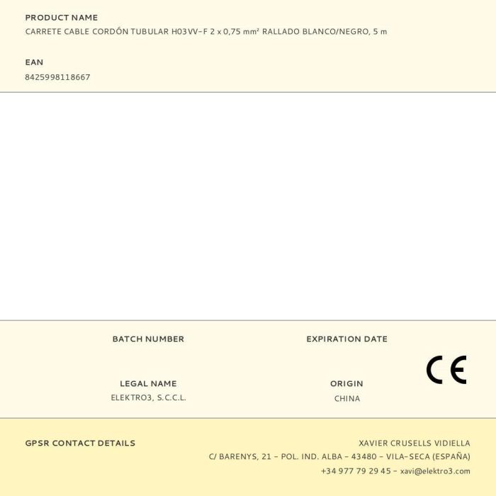 Edm Carrete de cable cordón tubular H03VV-F 2x0,75 mm² rallado blanco/negro 5m 3 Edm Carrete de cable cordón tubular H03VV-F 2x0,75 mm² rallado blanco/negro 5m 3