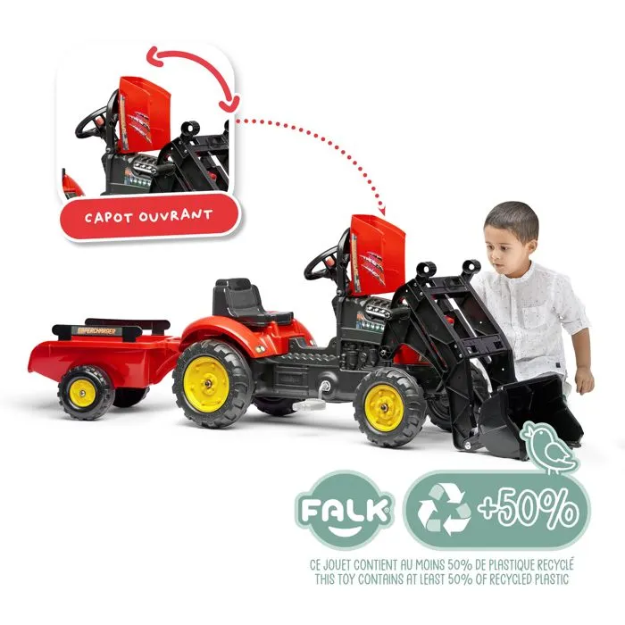 Falk Tractor de pedal rojo con capó abatible y pala articulada, incluye remolque para niños de 2 a 5 años 1