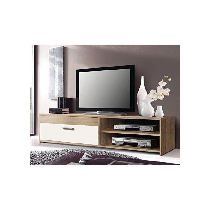 PILVI Mueble TV 120 cm Roble Sonoma y Blanco con 1 Solapa, Madera Aglomerada - Dimensiones 120x31.8x42.1 cm 1 PILVI Mueble TV 120 cm Roble Sonoma y Blanco con 1 Solapa, Madera Aglomerada - Dimensiones 120x31.8x42.1 cm 1