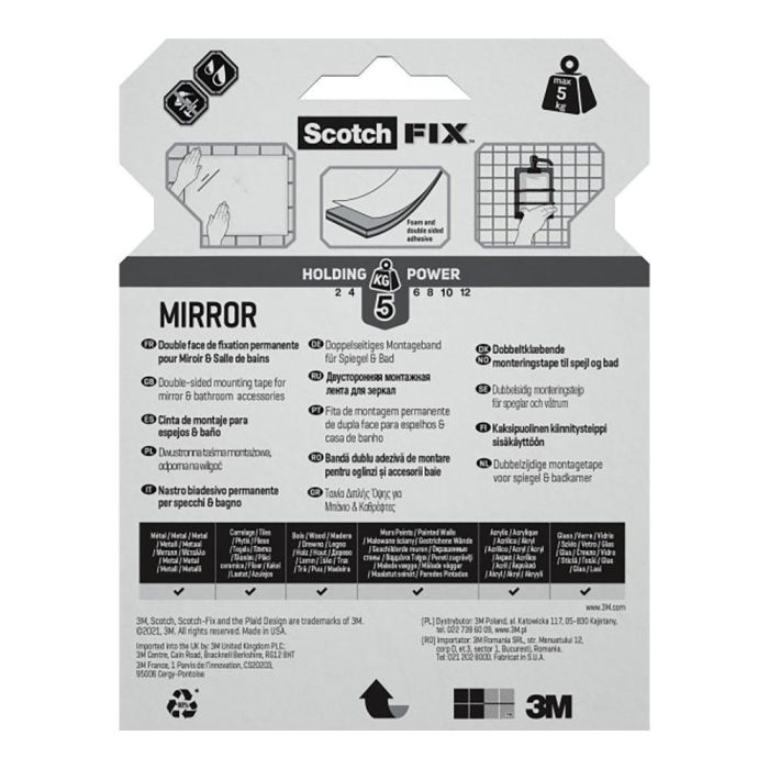 Cinta doble cara montaje espejos, 19mmx5m, máx 5 kg 2 Cinta doble cara montaje espejos, 19mmx5m, máx 5 kg 2