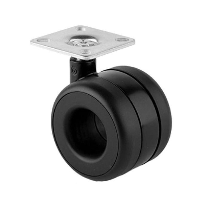 KOO Rueda Giratoria Plástico Aro Doble Ø60mm Negra Sin Freno - Fijación Pletina 47x47mm - Altura 75.5mm - Carga 60kg para Muebles KOO Rueda Giratoria Plástico Aro Doble Ø60mm Negra Sin Freno - Fijación Pletina 47x47mm - Altura 75.5mm - Carga 60kg para Muebles