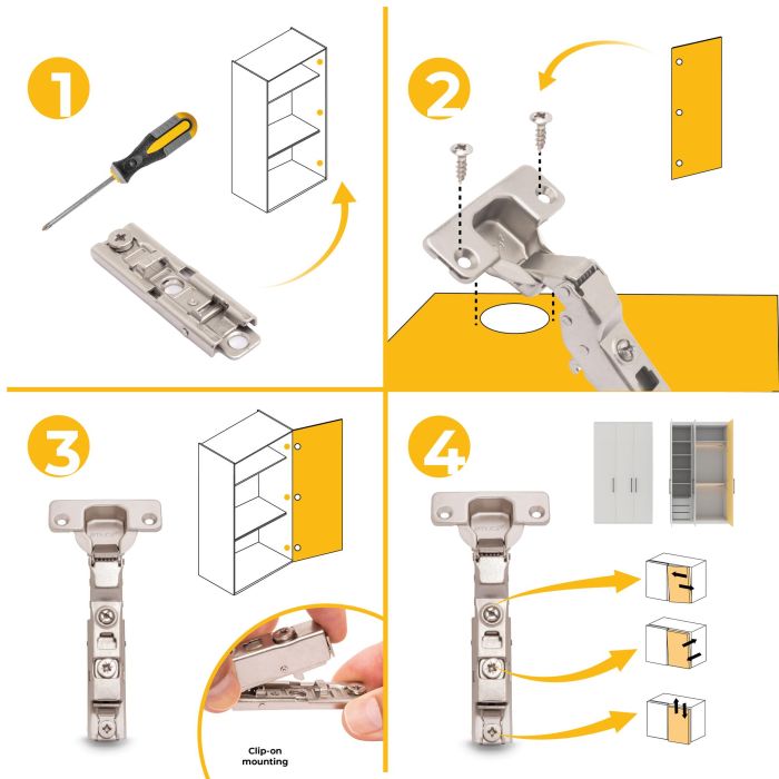 Emuca Lote de 20 bisagras codo X91 con cierre suave y suplemento recto para atornillar, Altura 1, Acero, Niquelado 8