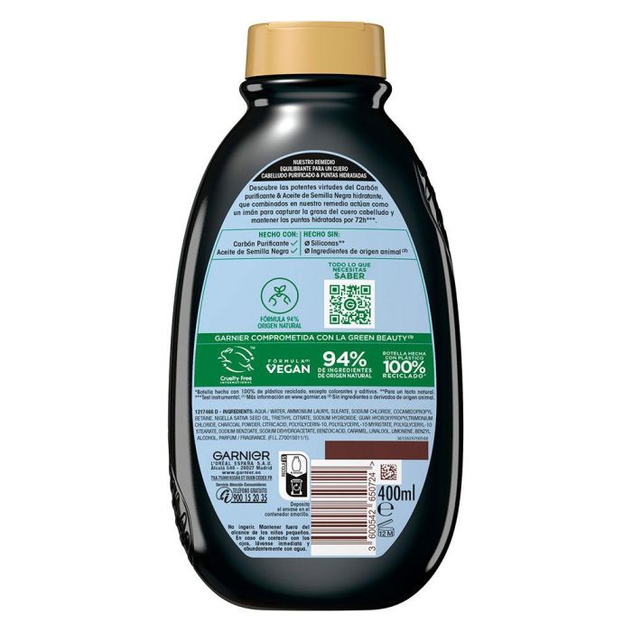 Garnier Original Remedies Champú Carbón Magnético, Limpia y Purifica el Cuero Cabelludo Graso, 400 ml