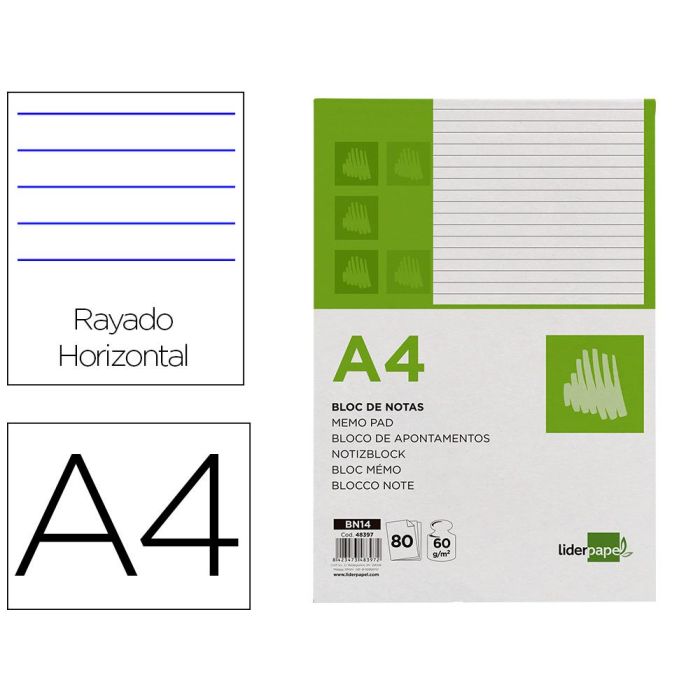 Bloc Notas Liderpapel Horizontal A4 80 Hojas 60 gr-M2