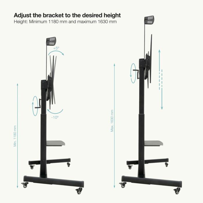 TooQ FS20406HM-B Soporte de Suelo con Ruedas para TV 60-100 Pulgadas, 130 kg, Ajustable en Altura, Negro 14 TooQ FS20406HM-B Soporte de Suelo con Ruedas para TV 60-100 Pulgadas, 130 kg, Ajustable en Altura, Negro 14