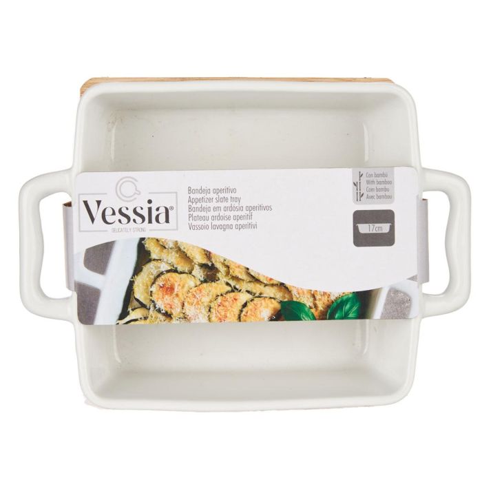 Vessia Bandeja Cuadrada con Base de Bambú y Cerámica Blanca/Natural 17.5 x 13 x 6 cm (Set de 24)