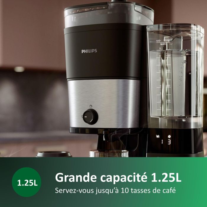 Philips HD7888/01 Cafetera de filtro con molinillo integrado, 1.25 L (10 tazas), Negra/Plata 4