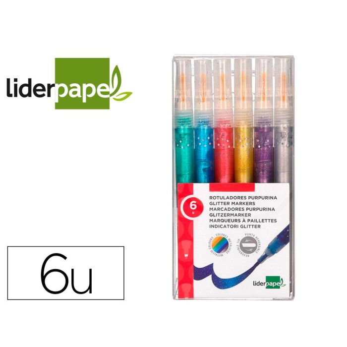 Rotulador Liderpapel Efecto Purpurina Metalizada Punta Reversible Bolsa De 6 Unidades Colores Surtidos