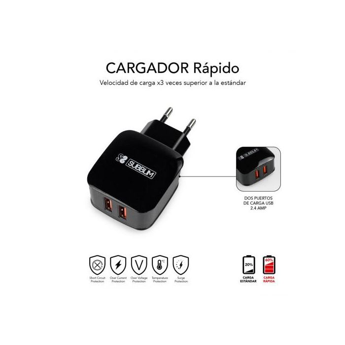 Cargador de Pared Subblim SUB-CHG-1ZWC02 Negro 12 W 50 W 2