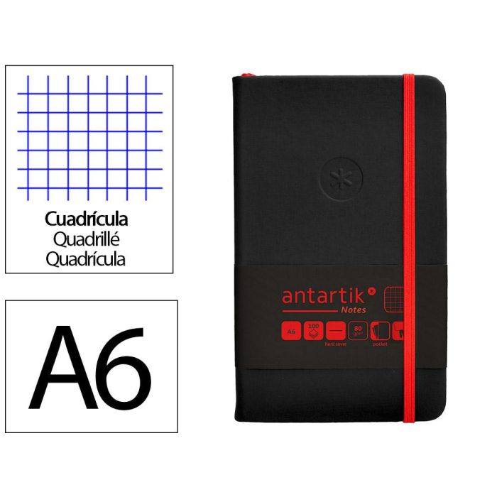 Cuaderno Con Gomilla Antartik Notes Tapa Dura A6 Hojas Cuadricula Negro Y Rojo 100 Hojas 80 gr Fsc