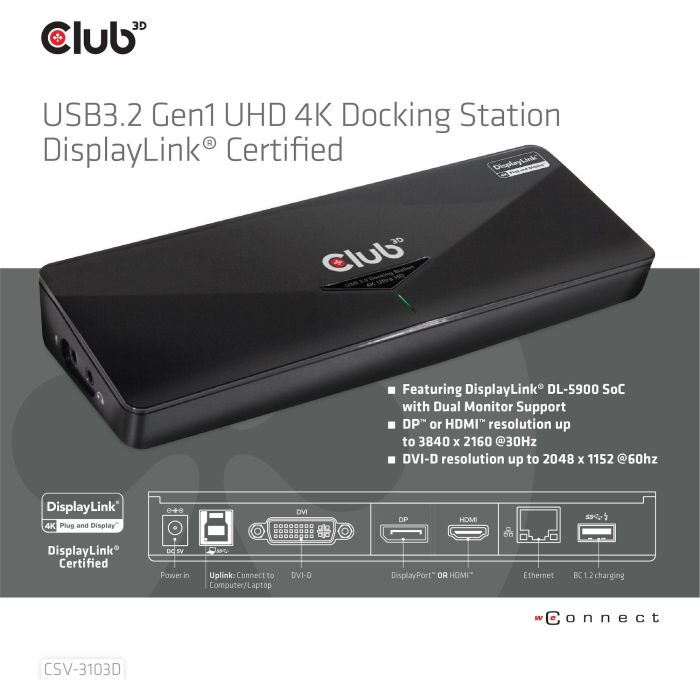 Club3D Docking Station USB 3.0 4K UHD Triple Pantalla (HDMI, DisplayPort, DVI) con Ethernet y USB Hub - Negro 2 Club3D Docking Station USB 3.0 4K UHD Triple Pantalla (HDMI, DisplayPort, DVI) con Ethernet y USB Hub - Negro 2