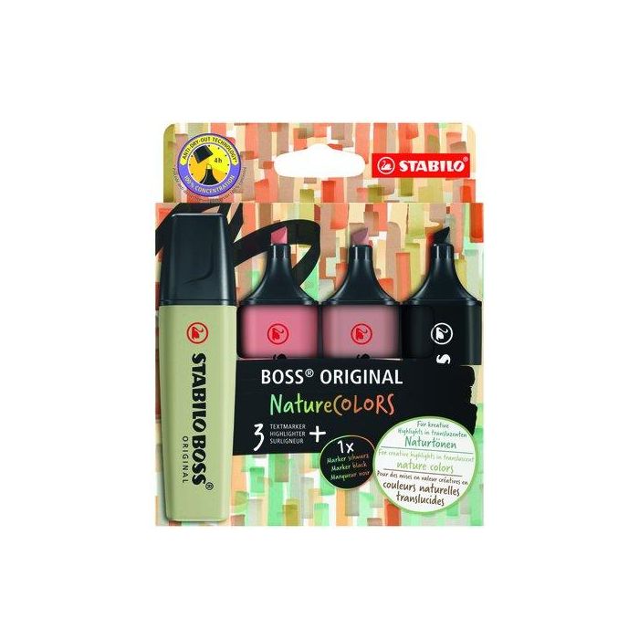 Stabilo Marcador Boss Original Naturecolors, Estuche 3+1 Ud, Tinta a Base de Agua, Antisecado, Colores Surtidos