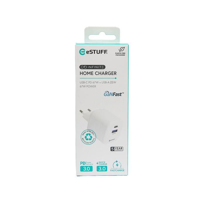 eSTUFF Cargador INFINITE USB-C EU PD 67W GaN - 98% Plástico Reciclado - Blanco para Smartphones y Tablets 1 eSTUFF Cargador INFINITE USB-C EU PD 67W GaN - 98% Plástico Reciclado - Blanco para Smartphones y Tablets 1