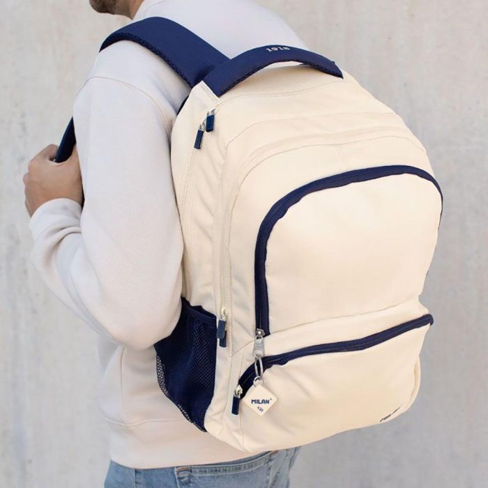 Milán Mochila Escolar 430 Since 1918 Beige y Azul Marino 25L con Compartimento Portátil, Tejido Ripstop 5