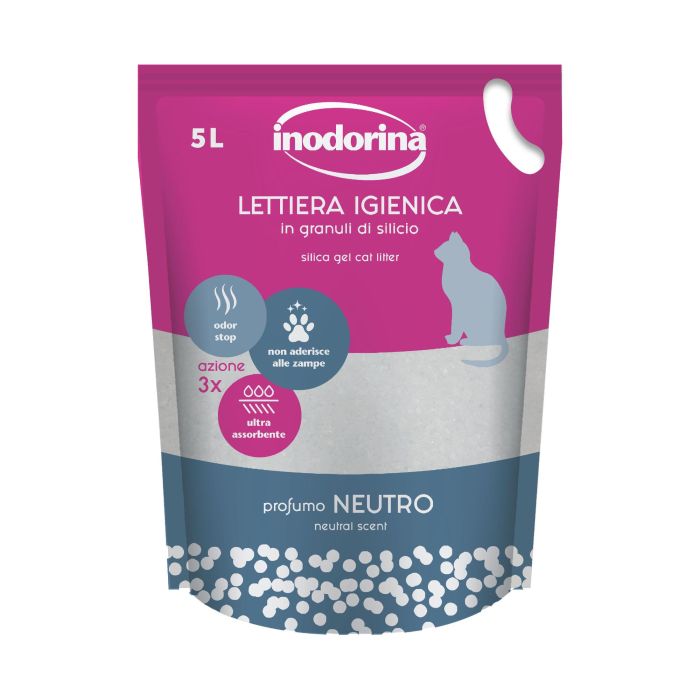 Inodorina Arena de Sílice para Gato, 5 Lt, Perfume Neutro, Larga Duración, Ultra Absorbente, Antiolor, Hipoalergénica