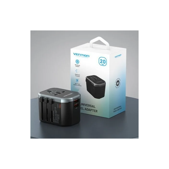 Vention FJCB0 Cargador de Pared Universal para Viaje, 1xUSB Tipo-C, 2xUSB, 20W Carga Rápida Compatible con Enchufe US, AU, UK, EU