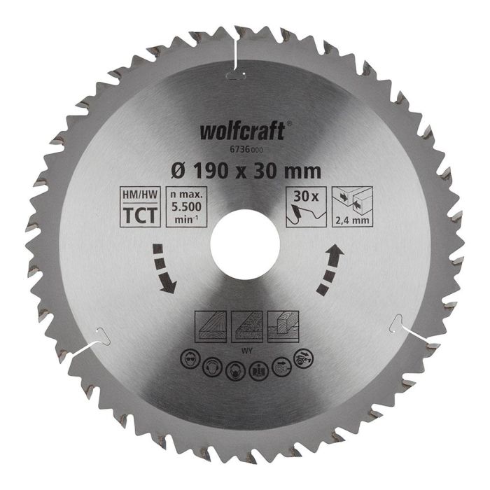 Wolfcraft 6736000 Disco Sierra Circular Mano para Madera y Tablero Ø190 mm, 30 Dientes, Ancho 2.4 mm