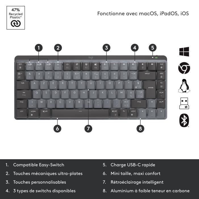 Logitech Teclado Inalámbrico MX Mecánico Rendimiento Retroiluminado con Switches Silent Tactile, Clickable, Linear - Grafito 5