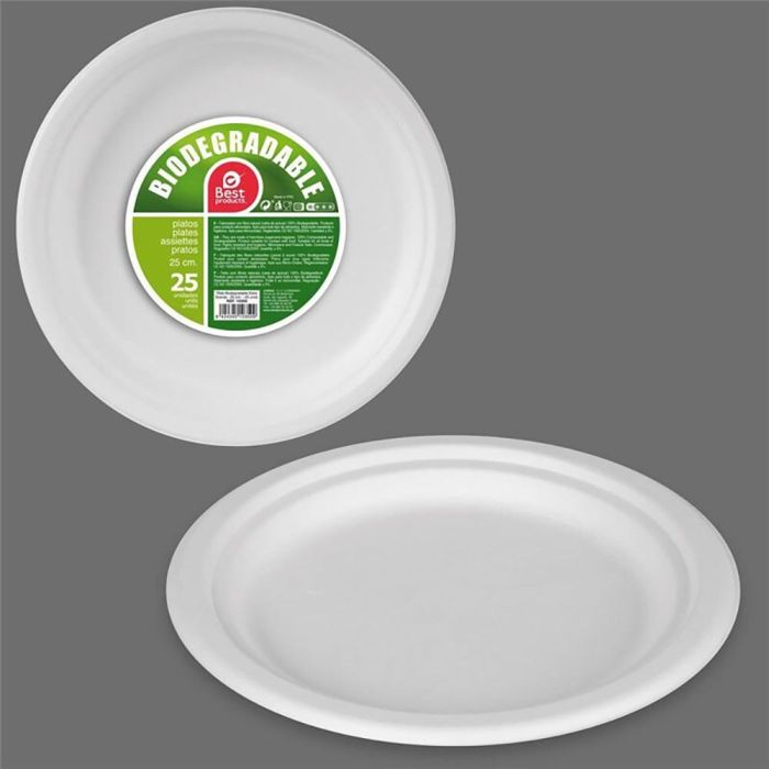 Best Products Platos redondos biodegradables de caña de azúcar blancos Ø25 cm, extra grandes, 25 unidades