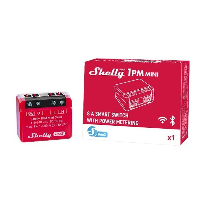 Shelly 1PM Mini Gen. 3 Relé WLAN Bluetooth con Medición de Potencia 8A 1 Canal Empotrable 5