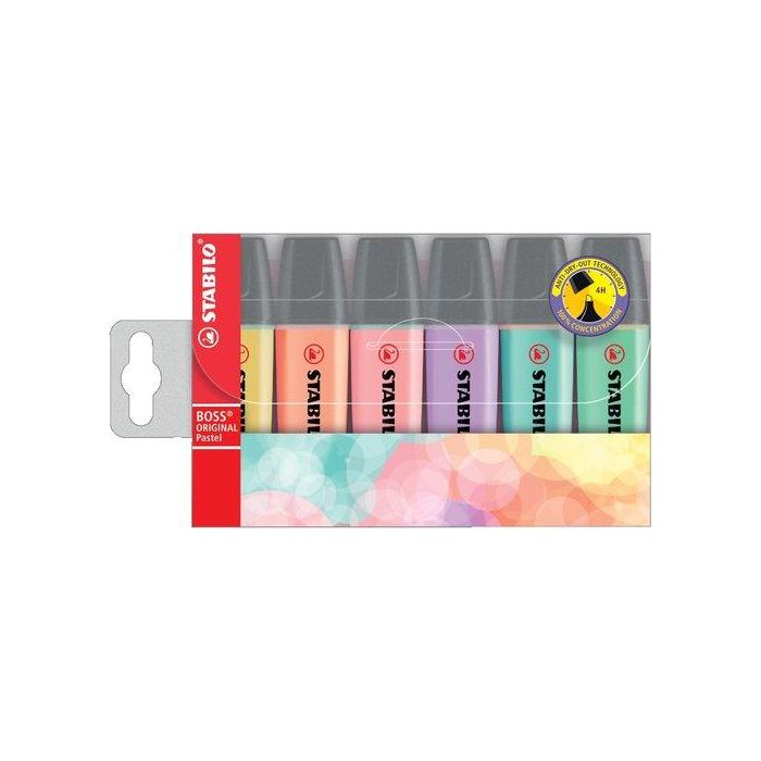 Stabilo Marcador Fluorescente Boss Original - Blíster 6 Unidades, Colores Pastel, Tecnología Antisecado