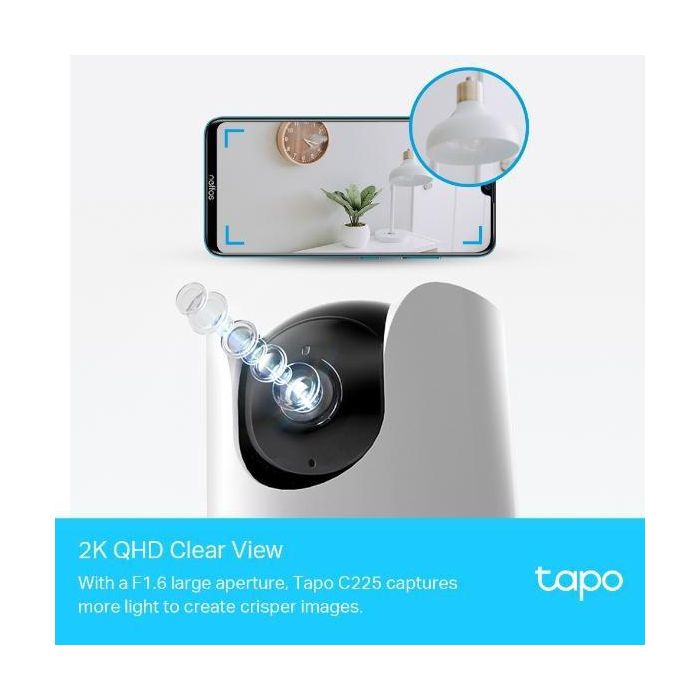 TP-Link Tapo C225 Cámara de Seguridad Wi-Fi Interior Panorámica con Visión Nocturna, Detección IA de Personas y Mascotas, Audio Bidireccional, Visión 2K QHD 1
