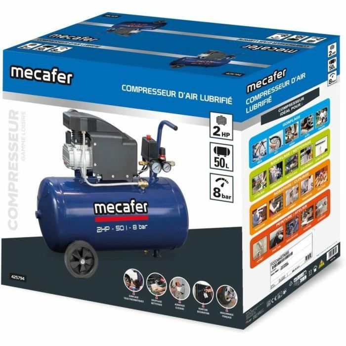 Mecafer 425794 Compresor de aire de 50 litros, 2 HP y 8 bar de presión, azul 1 Mecafer 425794 Compresor de aire de 50 litros, 2 HP y 8 bar de presión, azul 1