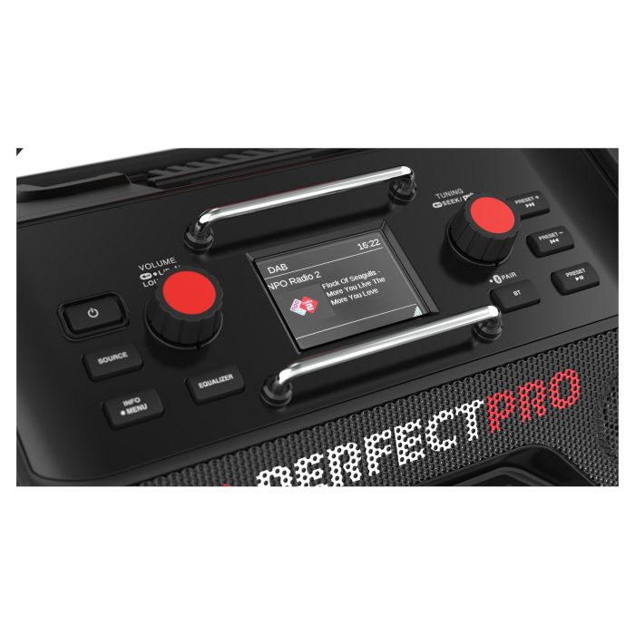 PerfectPro ROCKTAGON Radio de obra digital 30W DAB+ FM Bluetooth 5.2 IP65, 4 altavoces, compatible baterías 18V Bosch Makita DeWalt Milwaukee, USB, Negro/Rojo