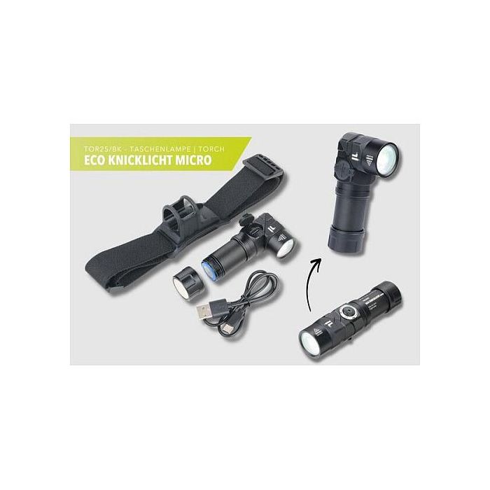 TROIKA ECO KNICKLICHT MICRO Linterna Frontal y de Mano LED Recargable USB, 5 Modos Luz Blanca y Roja, Negro, Aluminio