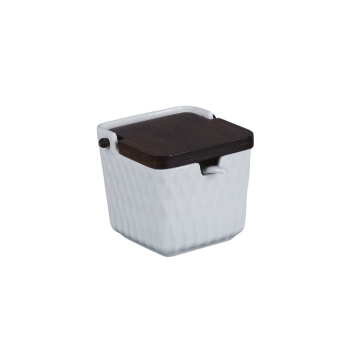 DKD Home Decor Azucarero Basicos Porcelana Bambu Blanco Marron Oscuro 9 x 9 x 10.5 cm (4 Unidades)